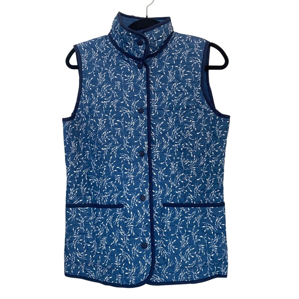 Lands End Reversible Quilted Vest Blue Floral Botanical Print Snap Womens XS